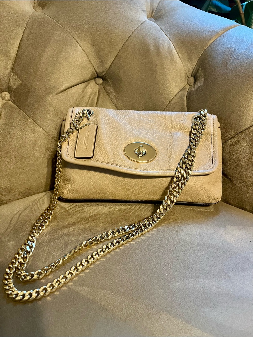 Coach Beige Pebbled Leather Turnlock Chain Bag